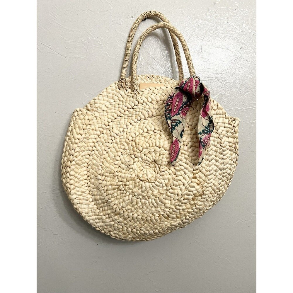 Maud Fourier Paris for Anthropologie Straw Woven Tote Summer Scarf Beach Handbag